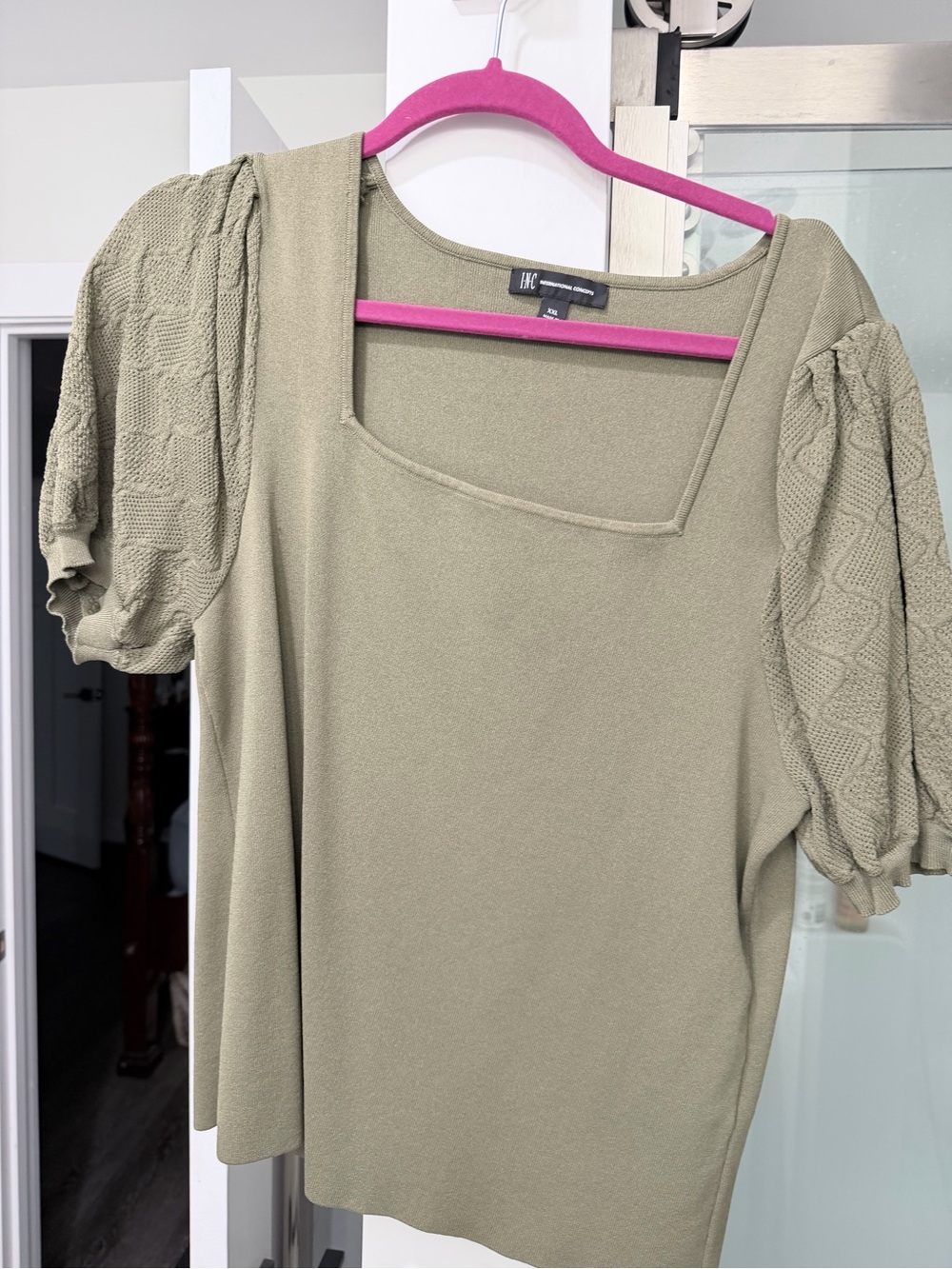 INC International Concepts Olive Green Square Neck Puff Sleeve Top